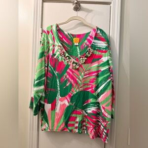 Ruby Rd. 3X Pink & Green Tropical Leaf Long with Embellishments